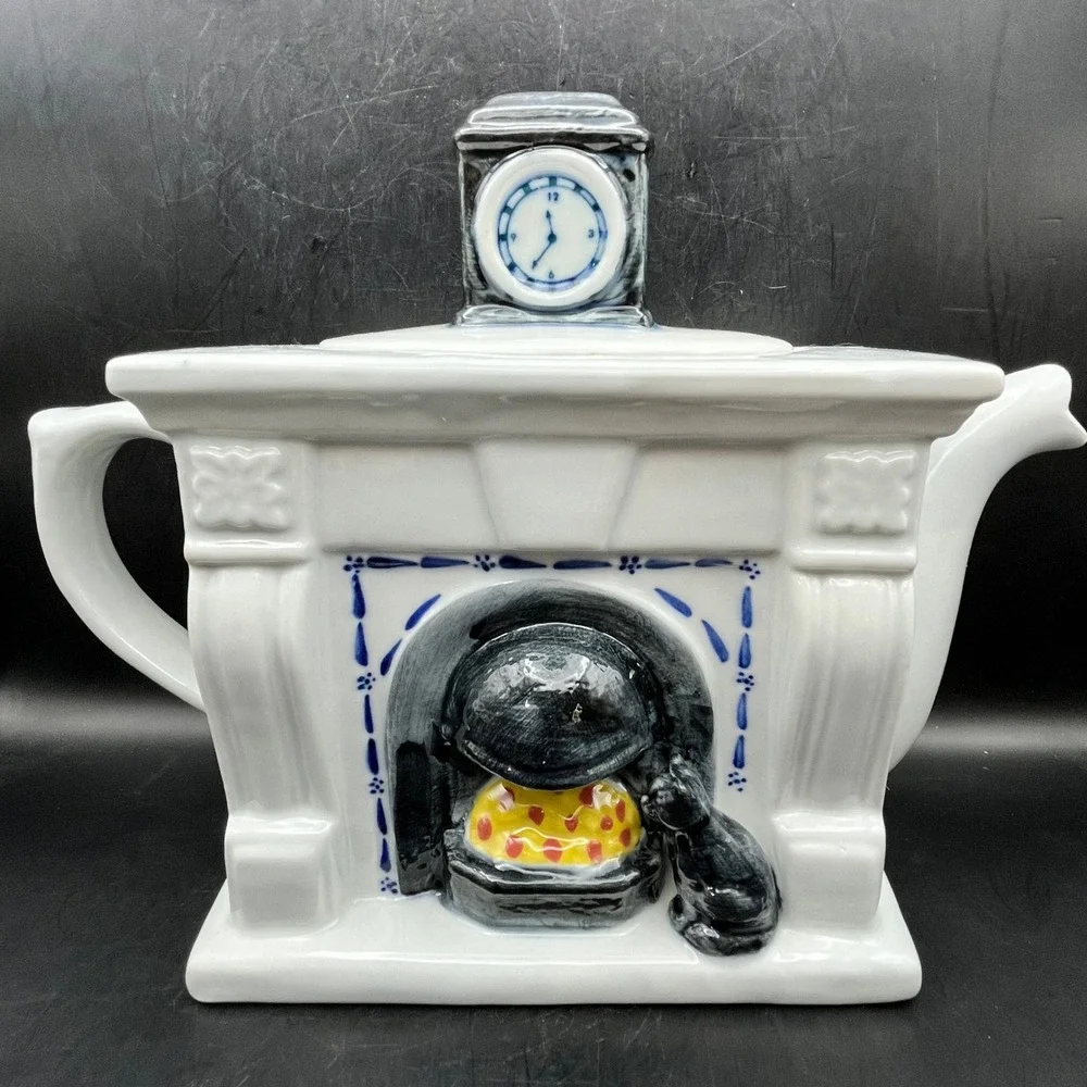 Vtg‎ Ceramic Fireplace Teapot Black Cat Mantel Clock Lid White 7